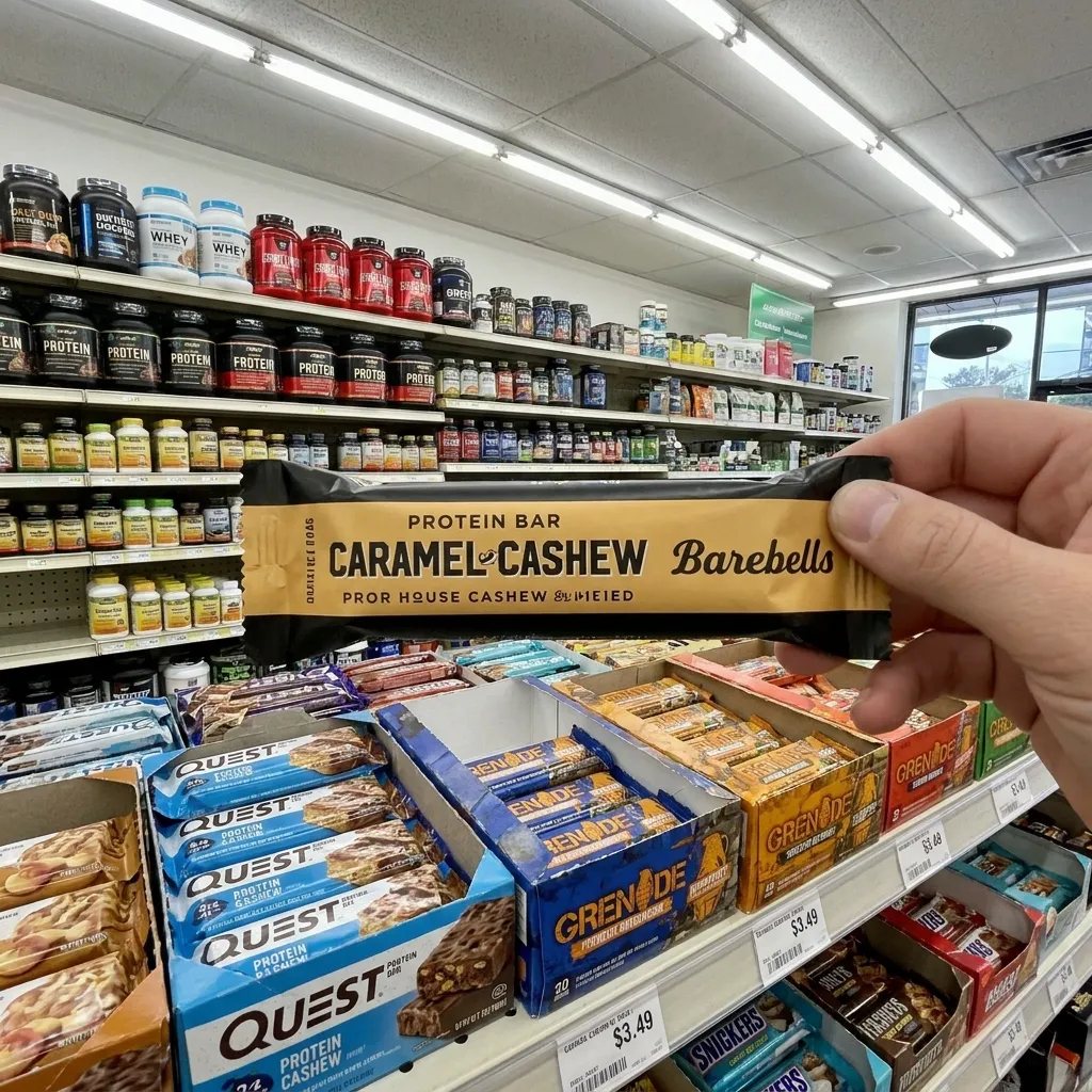 A Caramel Cashew Barebells Protein Bar displayed in the supplement aisle