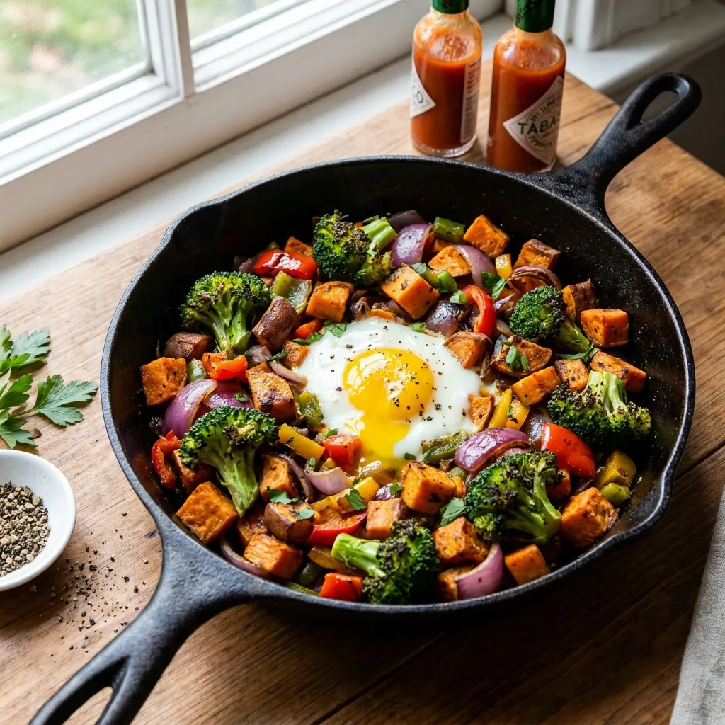 A cast-iron skillet filled with a colorful vegetable breakfast hash featuring sweet potatoes, broccoli, and a sunny-side-up egg.