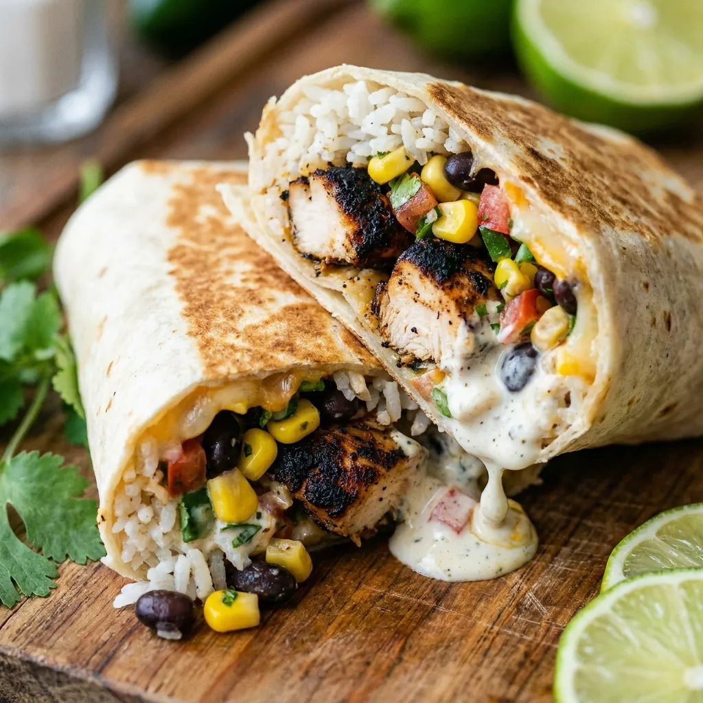 A macro, mouth-watering shot of the Chicken Jalapeño Ranch wrap cut at an angle, pulling focus on the blackened chicken, fluffy white rice, and vibrant corn salsa spilling slightly from the toasted flour tortilla.