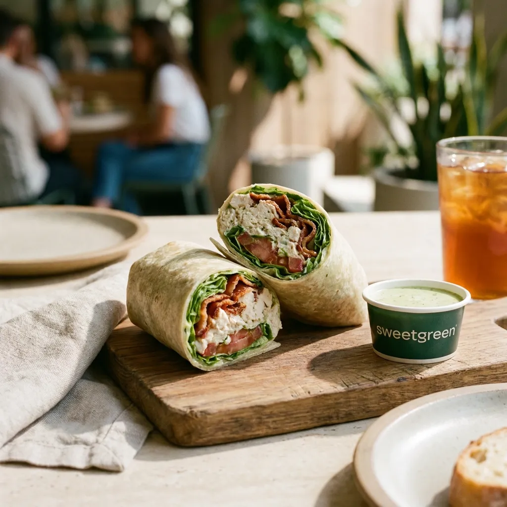 A chic lifestyle shot of the Chicken Salad Bacon Club wrap resting on a wooden table next to a cup of Sweetgreen dipping dressing.