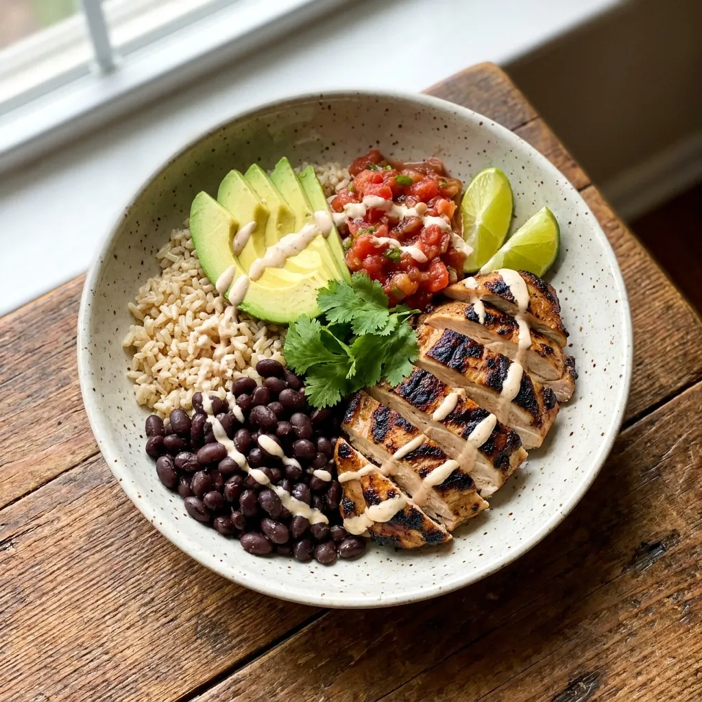 Healthy grilled chicken and black bean burrito bowl with brown rice, fresh avocado slices, pico de gallo, and a creamy dressing drizzle.
