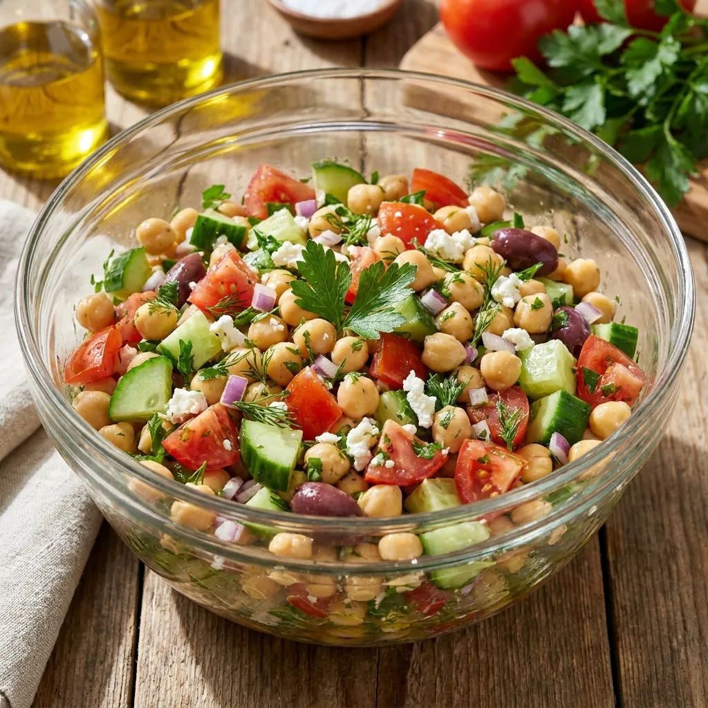 A fresh, vibrant chickpea salad mixed with diced tomatoes, cucumber, and red onions in a clear glass bowl.