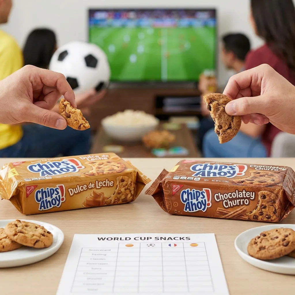 Two hands holding broken Chips Ahoy cookies over a table featuring Dulce de Leche and Chocolatey Churro packages, a World Cup snacks rating sheet, and friends watching a soccer game on TV in the background.