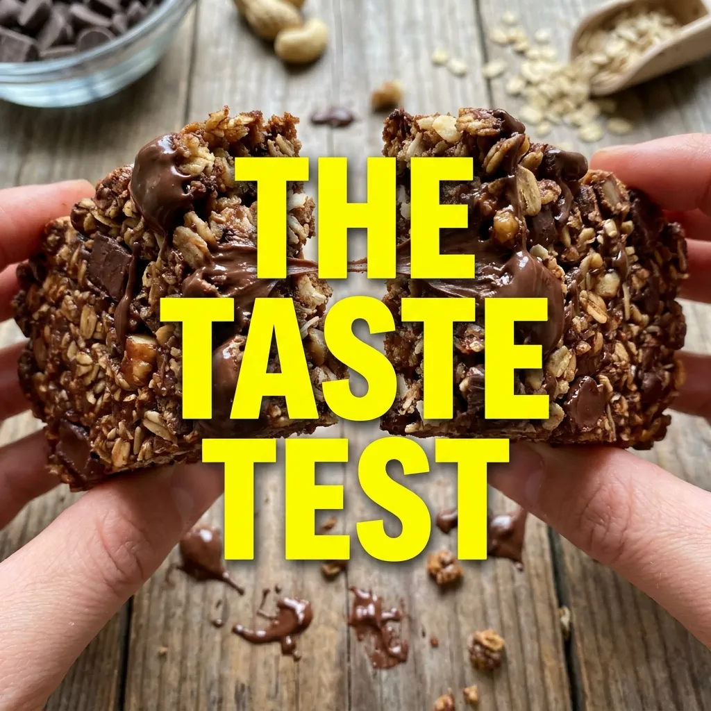 Hands breaking apart a gooey chocolate chip oat granola bar on a rustic wooden table, featuring scattered raw oats and a bold yellow text overlay reading THE TASTE TEST.