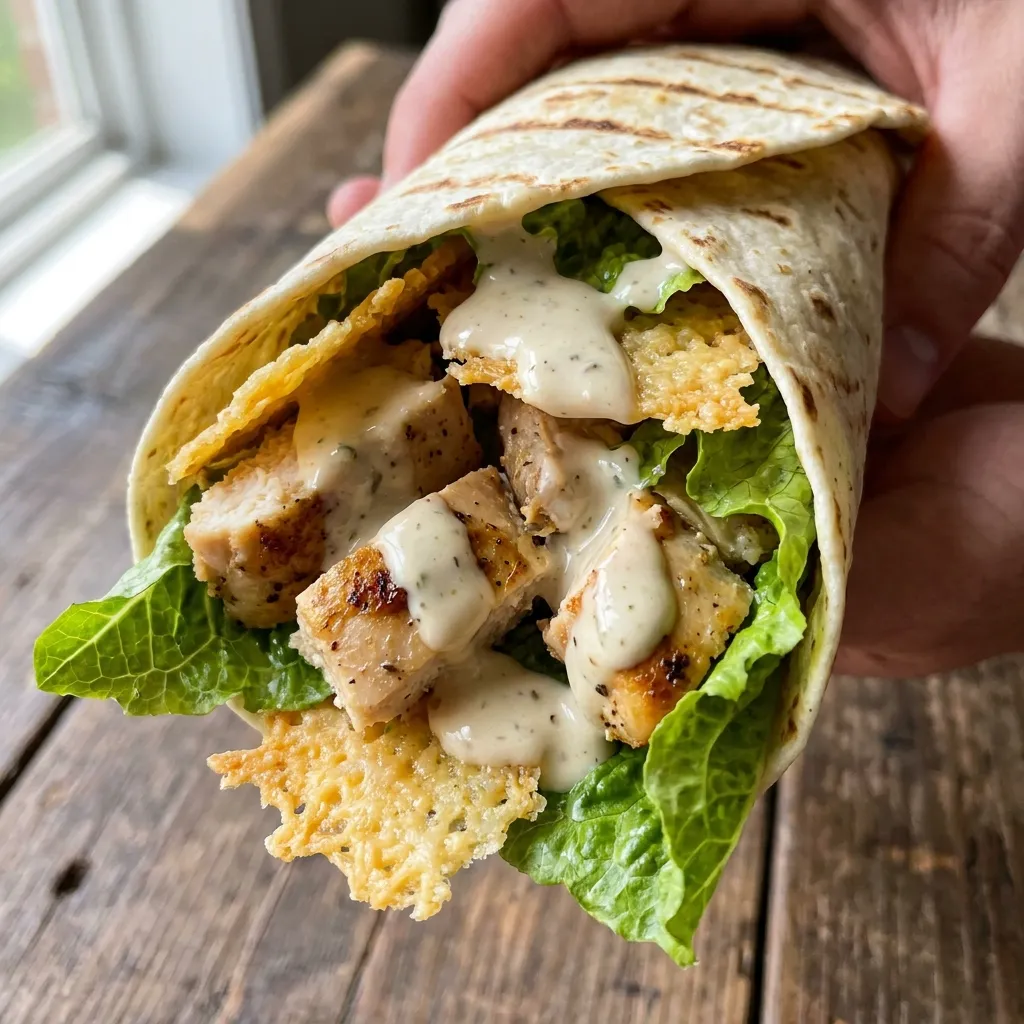 Inside view of the Classic Chicken Caesar wrap from Sweetgreen highlighting the crunchy parmesan crisps.