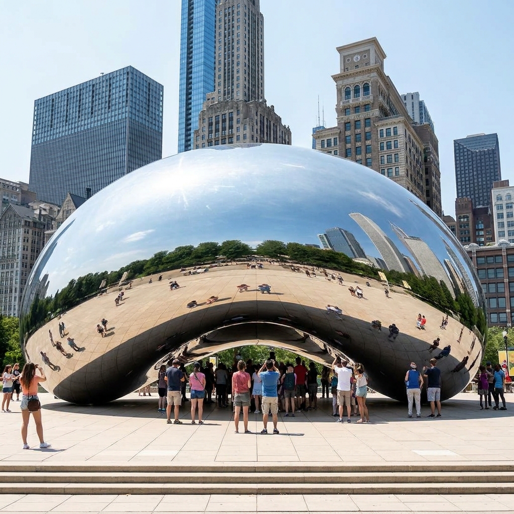 The iconic Cloud Gate sculpture known as The Bean in Millennium Park Chicago