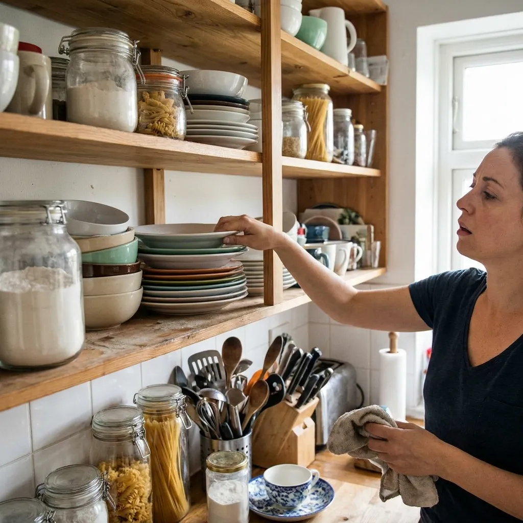 Cluttered and dusty open shelving in a kitchen, highlighting why this is one of the most frustrating modern home design trends people hate