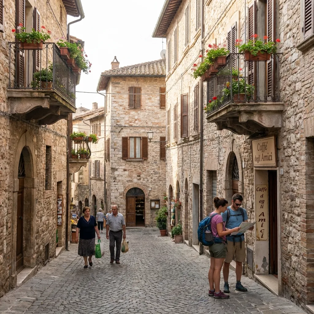 A quiet, beautiful cobblestone street in a lesser-known Italian village showcasing authentic trave