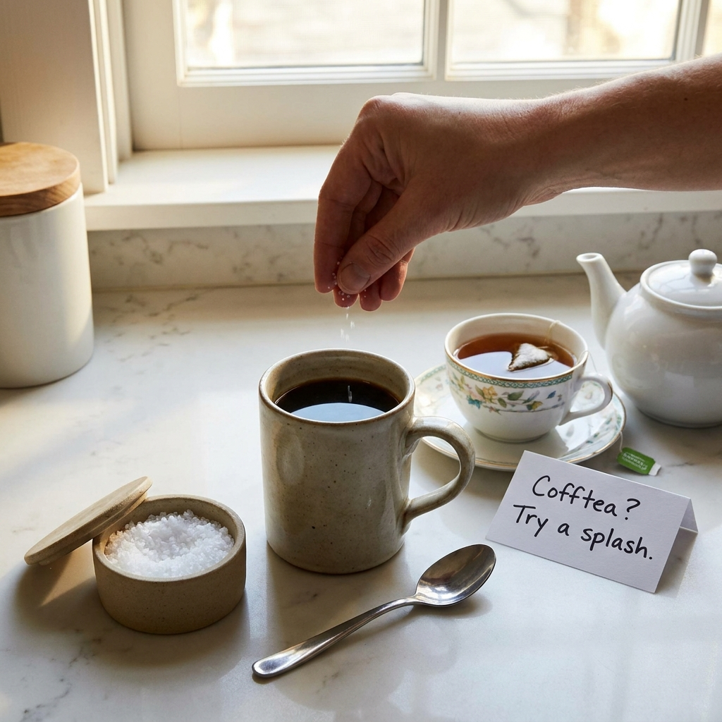 A hand sprinkling a pinch of coarse salt from a small wooden cellar into a ceramic mug of black coffee on a marble countertop, demonstrating a viral hack to neutralize bitterness.