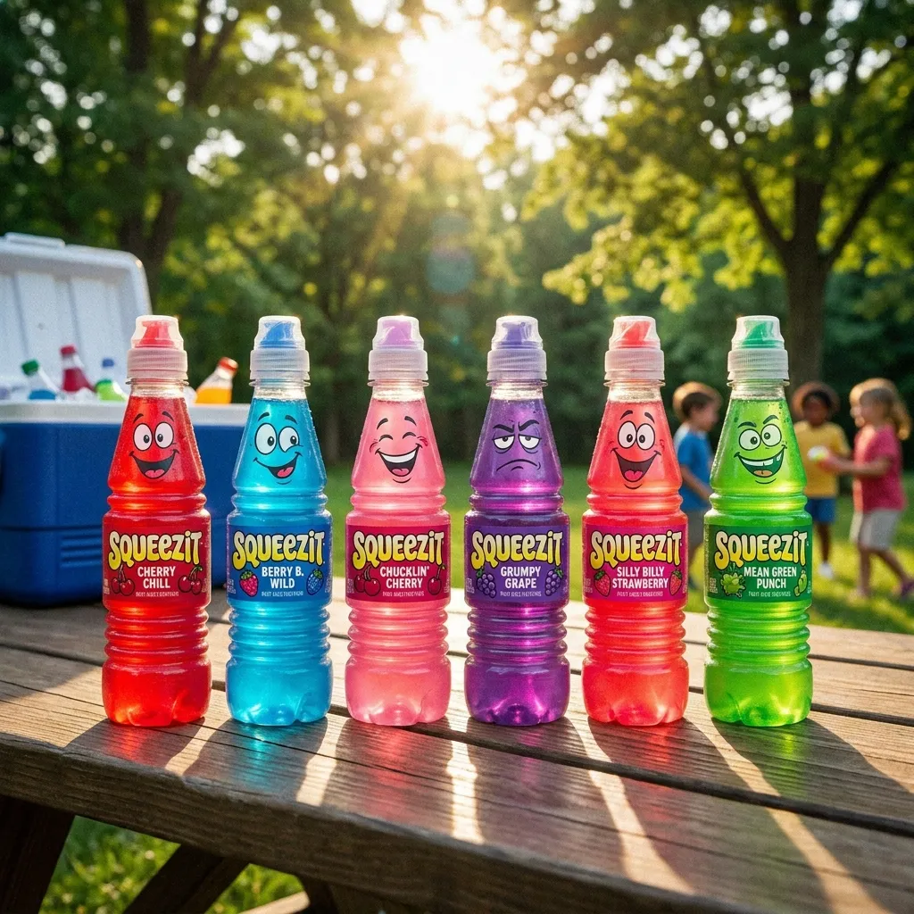 Six vibrant flavors of vintage Squeezit fruit juice bottles arranged in a row on a sunny outdoor picnic table.