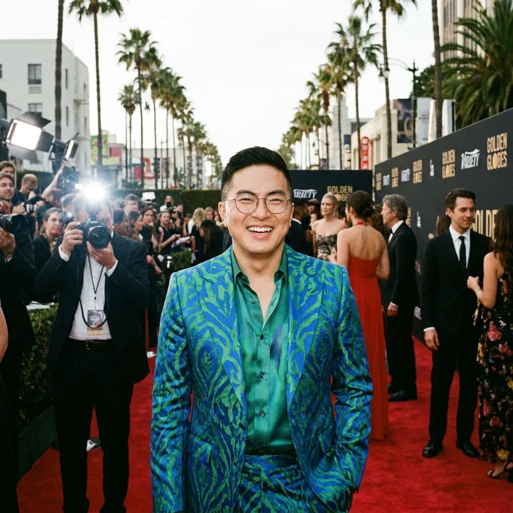 Bowen Yang smiling for photographers on the red carpet at the Golden Globes, wearing a striking green and blue patterned suit with palm trees in the background