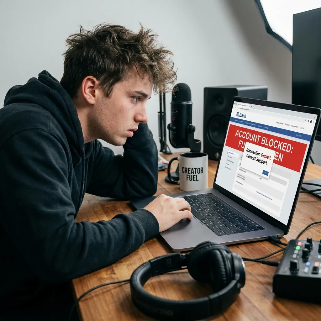 A frustrated content creator looking at a laptop screen showing a blocked bank account and frozen funds notification