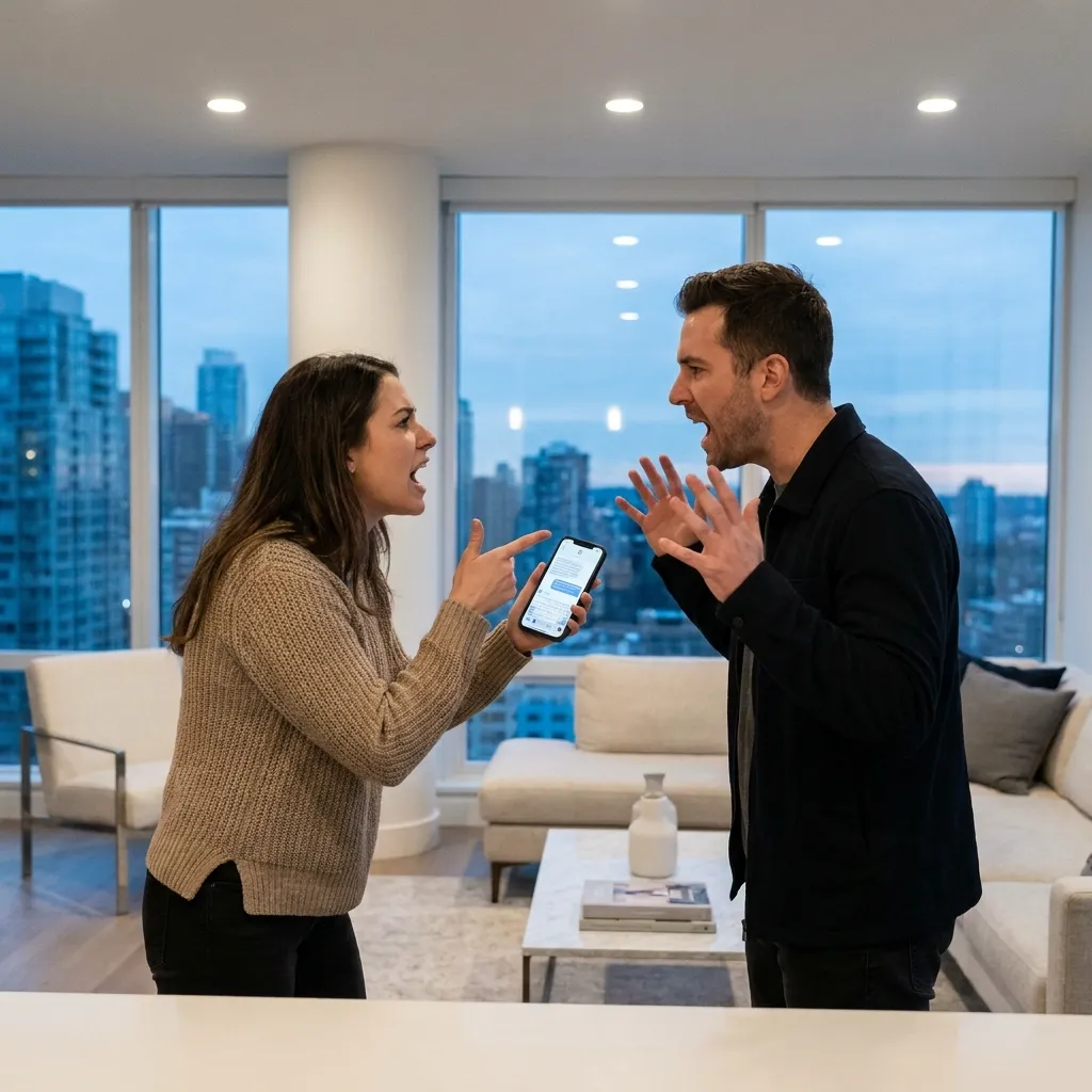 A couple arguing intensely in a modern living room while the woman points at a smartphone screen, representing the classic confrontation in caught cheating stories