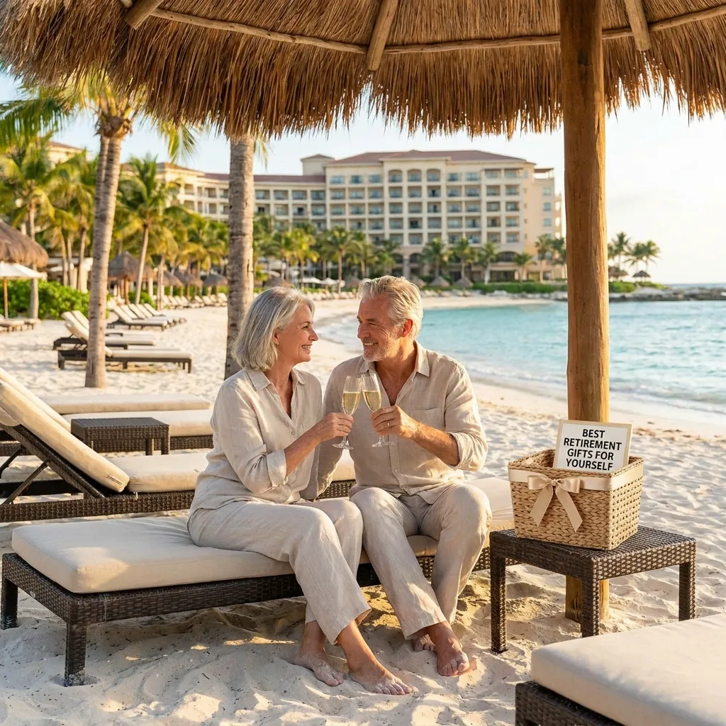 A joyful, stylish retired couple celebrating with champagne on a luxurious sunny beach resort — best retirement gifts for yourself
