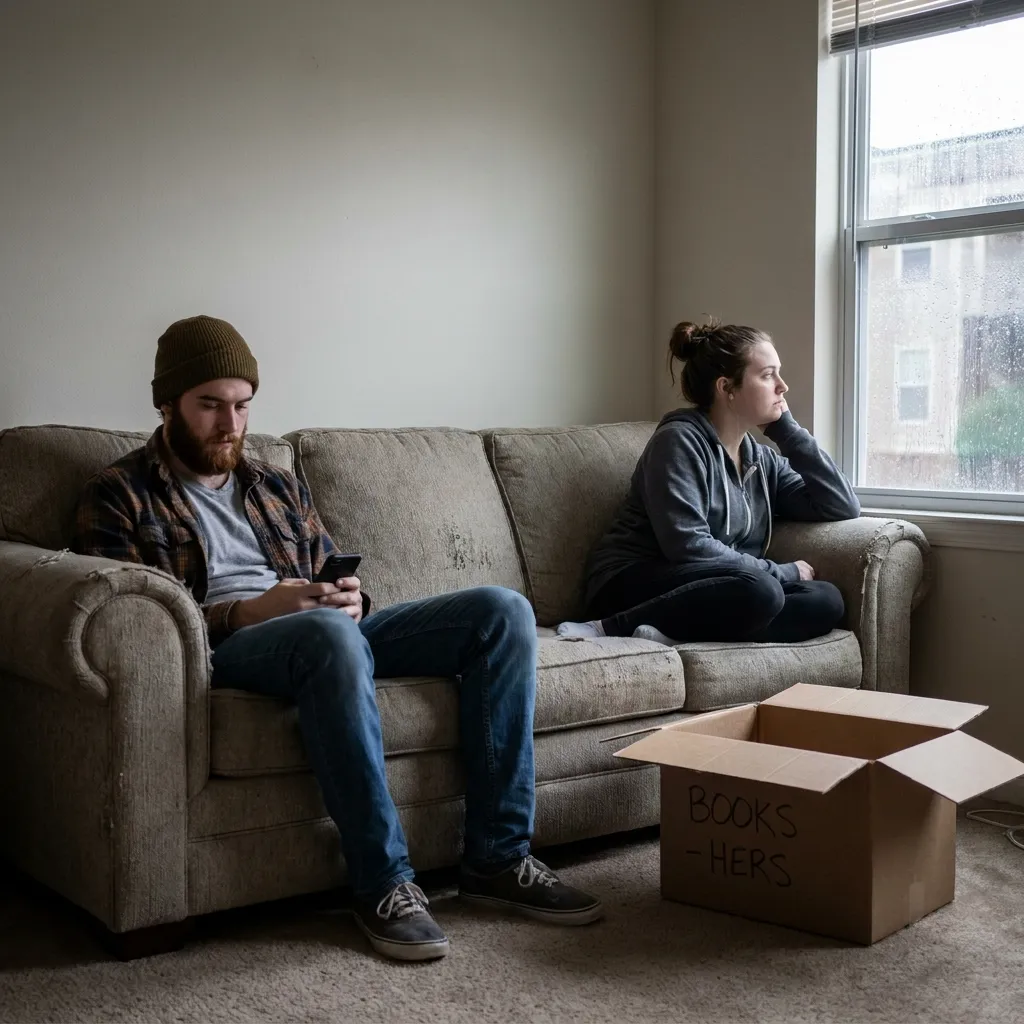 Emotionally distant couple sitting far apart on a living room couch, with the man on his phone and the woman looking out a rainy window near a moving box labeled 'Books - Hers'