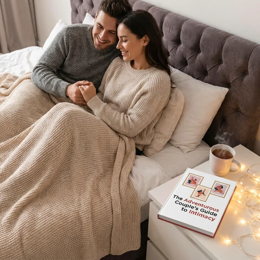 A smiling couple sitting together on a bed under a beige knit blanket holding hands, next to a nightstand displaying a book titled "The Adventurous Couple's Guide to Intimacy" and a warm mug.