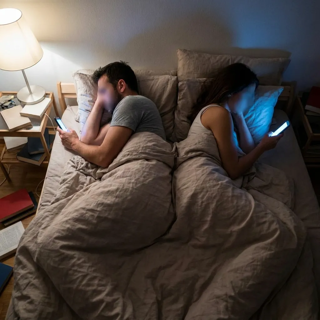 A close-up of a couple lying in bed facing opposite directions while staring at their cell phones, highlighting toxic relationship indifference and signs your partner doesn't love you.