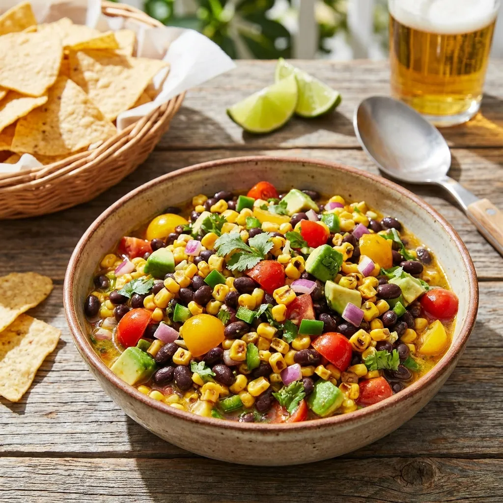 A colorful bowl of cowboy caviar featuring black beans, corn, tomatoes, and cilantro, served alongside tortilla chips.