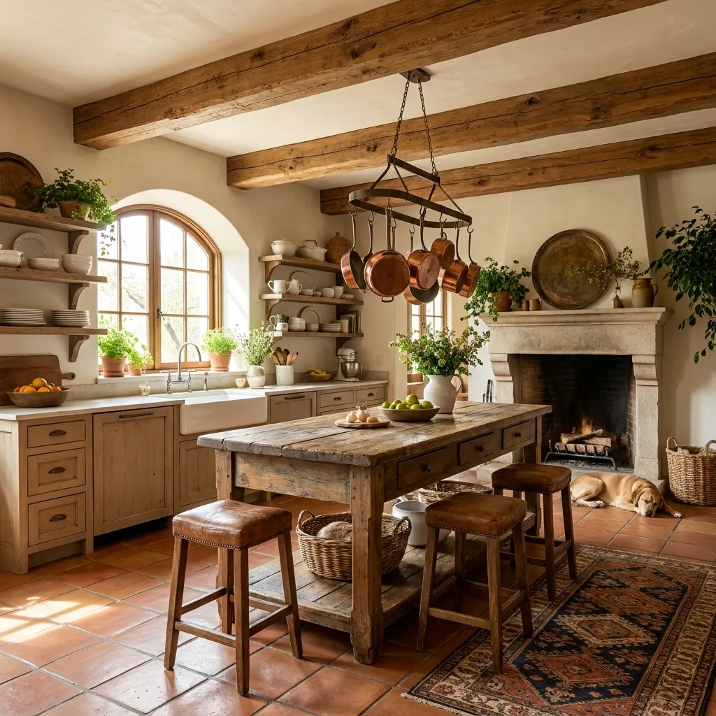 Cozy Tuscan-style kitchen featuring warm terracotta floors, exposed wooden beams, and a large rustic island