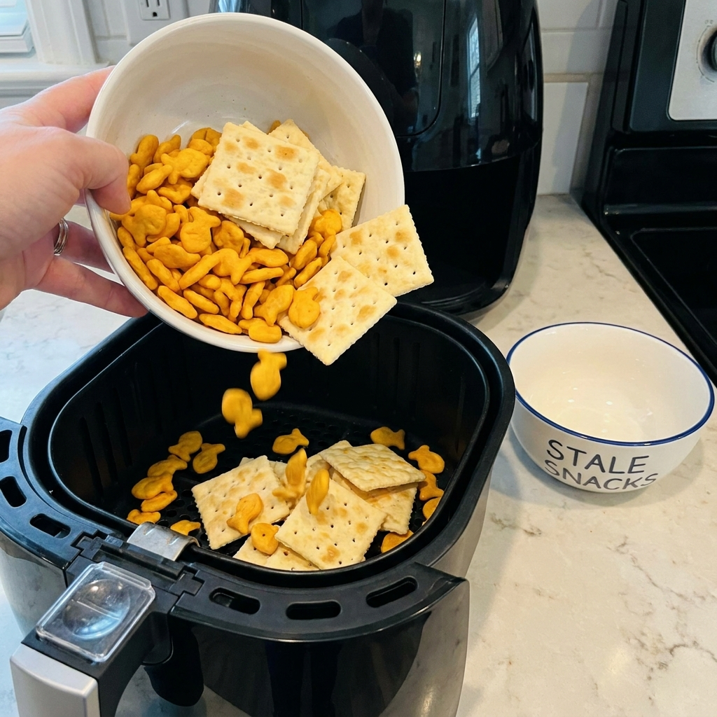 A hand pouring a mixture of Goldfish and square crackers from a white bowl into the black basket of an air fryer.