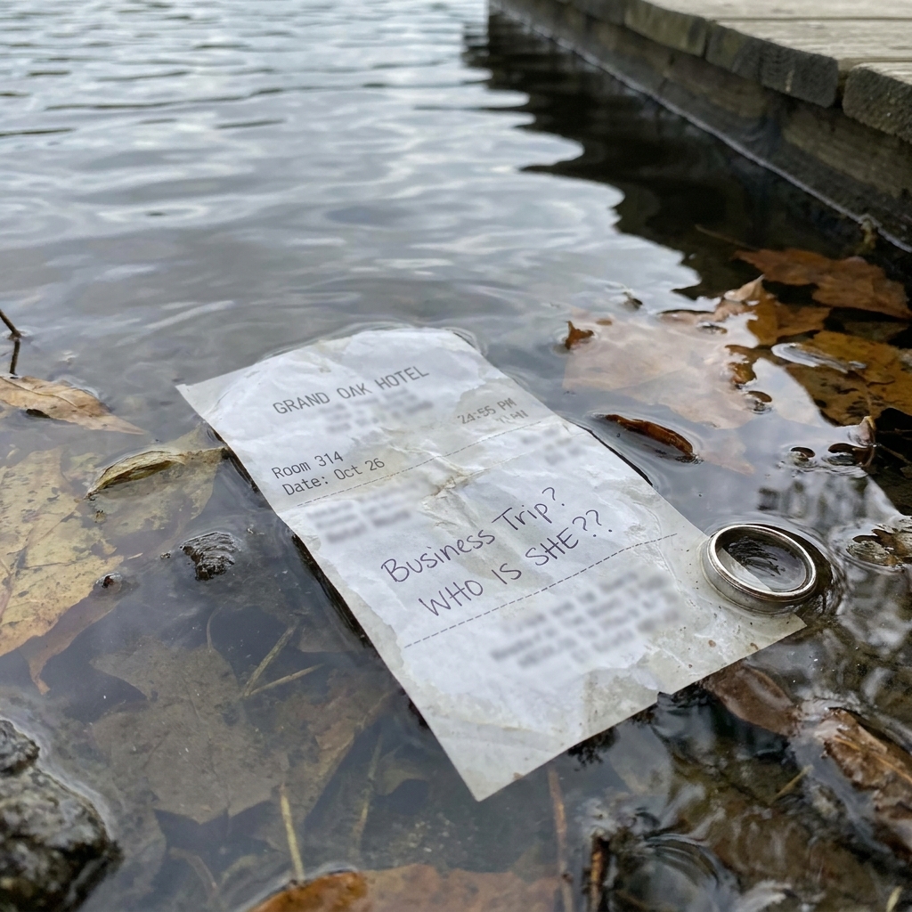 Discarded silver wedding ring and a crumpled hotel receipt floating in a puddle, featuring a handwritten note asking Business Trip? WHO IS SHE??
