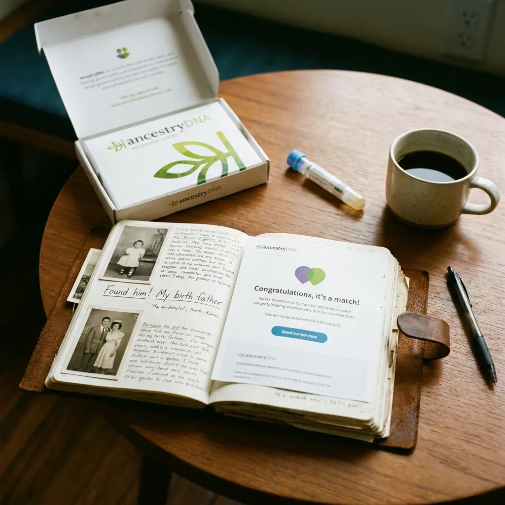 A close-up of a DNA testing kit box next to a handwritten journal and a cup of coffee.