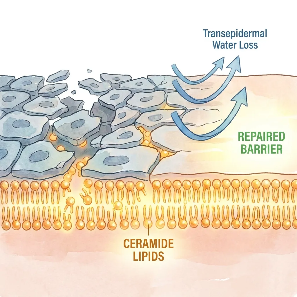 A side-by-side microscopic visualization of a damaged skin barrier losing water vs. a healthy skin barrier successfully locking in moisture.