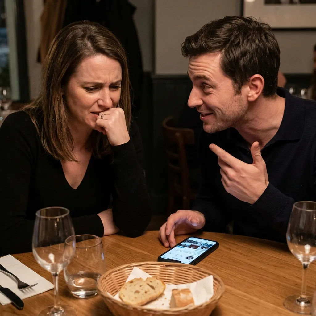 A couple sitting at a restaurant where one person is visibly complaining or gossiping while the other looks uncomfortable.