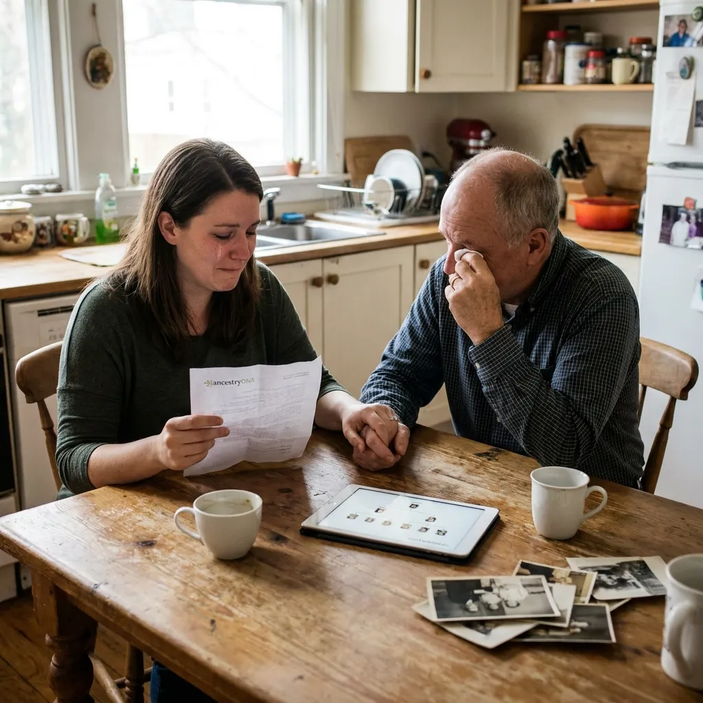 An emotional father and adult daughter sitting quietly at a kitchen table drinking coffee.