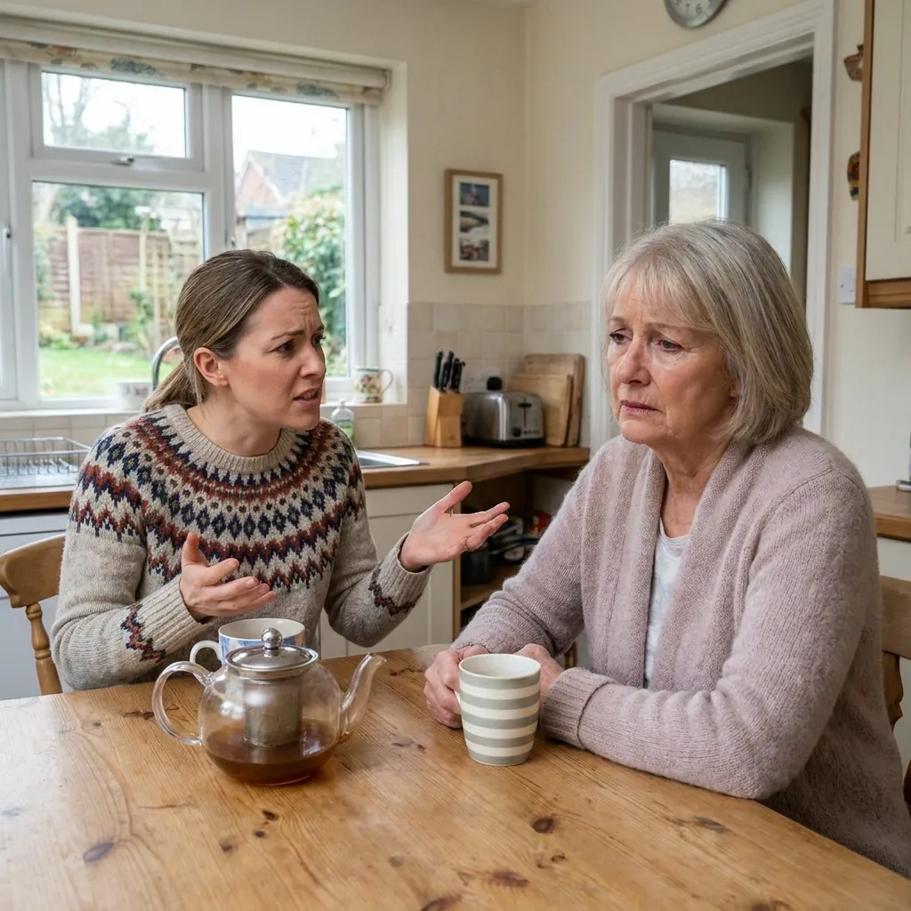 Frustrated adult daughter having a tense and serious conversation with her sad elderly mother over tea at a kitchen table.