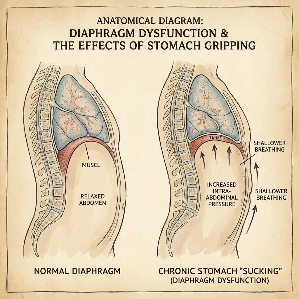 A medical infographic diagram illustrating normal diaphragmatic breathing versus abdominal gripping. The left shows proper diaphragm movement; the right shows how sucking in your stomach causes restriction, shallow chest breathing, and Hourglass Syndrome.