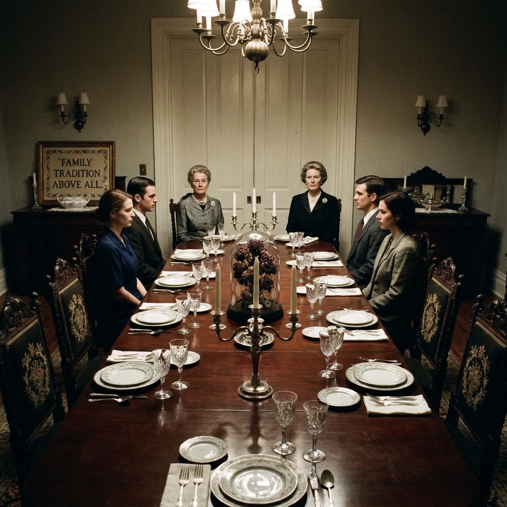 Six people sitting formally around a long antique wooden dining table set with fine china and crystal in a vintage room