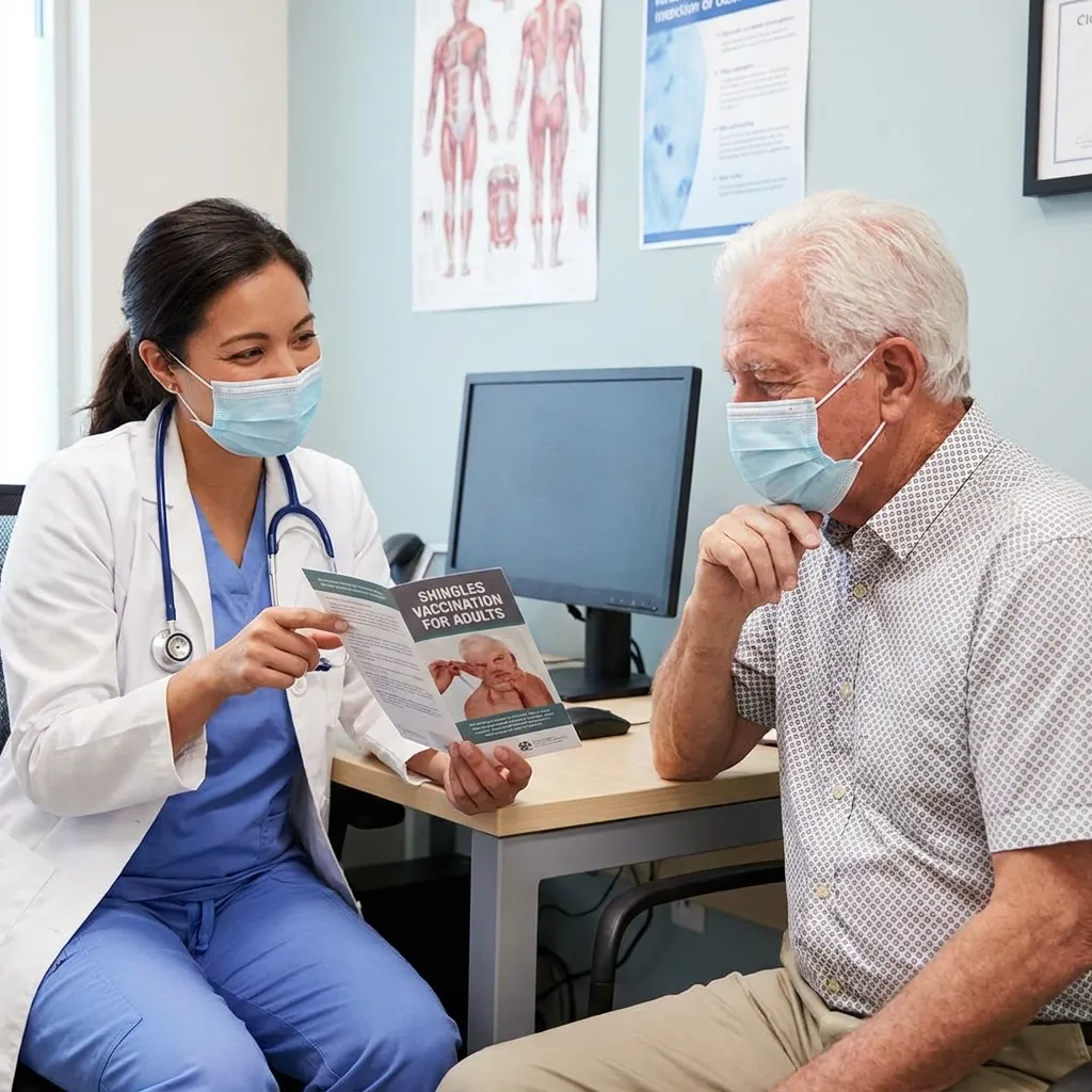 Female doctor wearing a face mask and stethoscope discussing a shingles vaccination brochure with an older male patient during a clinical consultation.