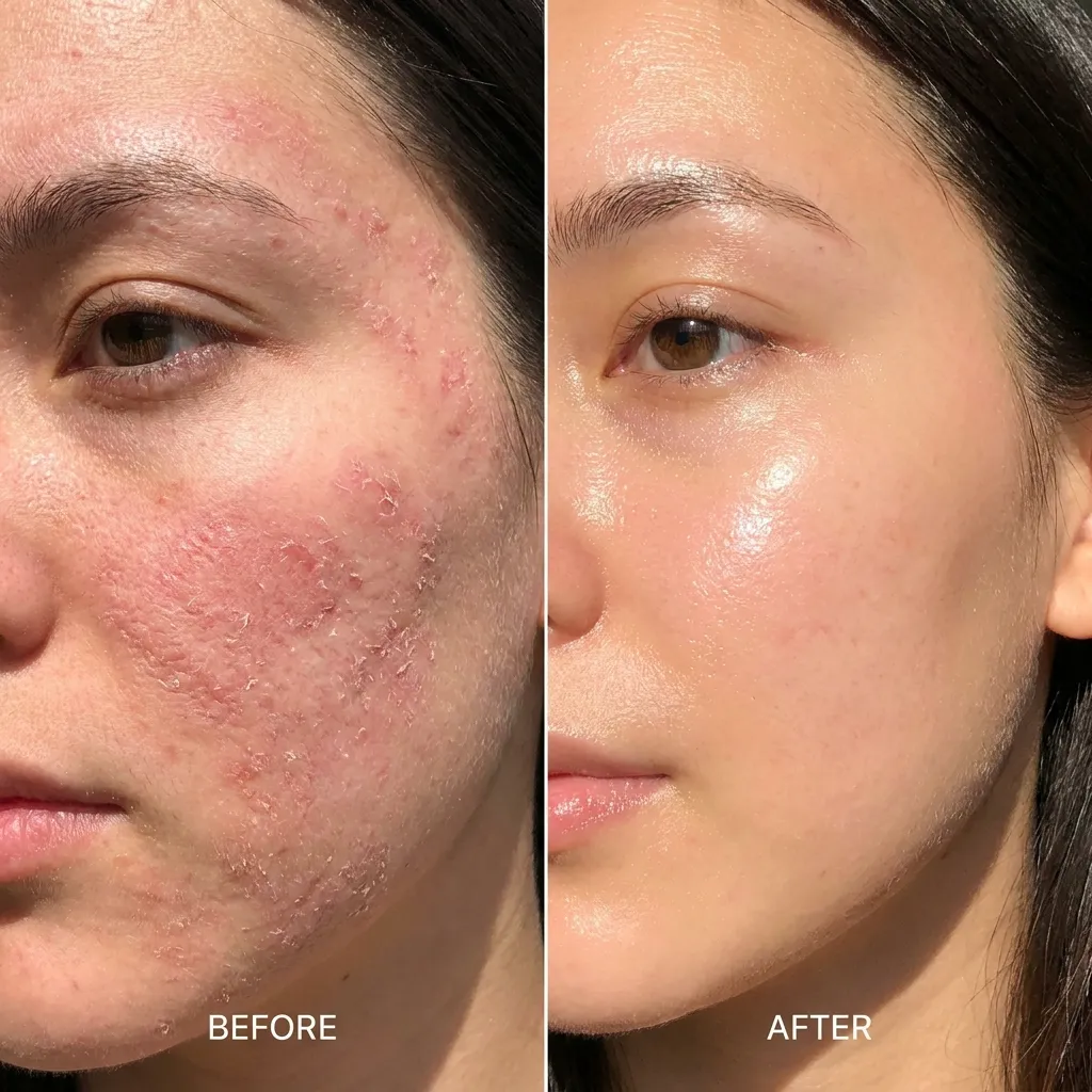 Before and after comparison of a damaged skin barrier versus a healthy, glowing complexion repaired with ceramides