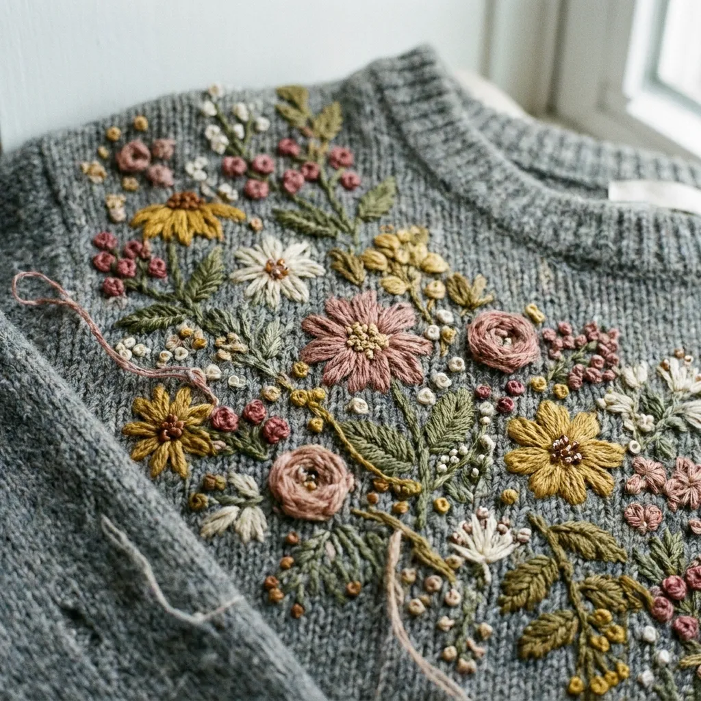 Close up of intricate floral embroidery on a gray knit sweater, highlighting the delicate, vintage-inspired microtrends that fashion lovers refuse to give up.