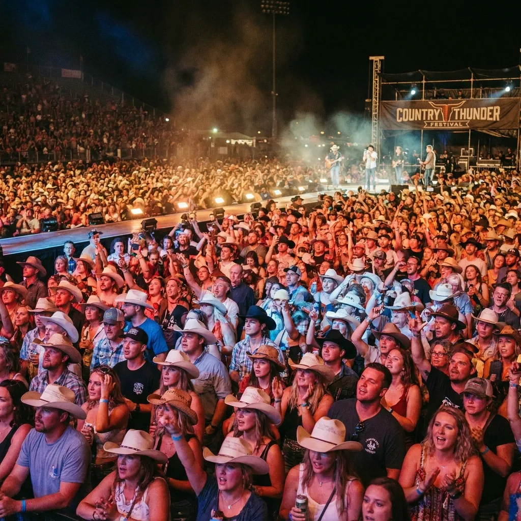 Large crowd of enthusiastic country music fans wearing cowboy hats watching a live outdoor stage performance at the Country Thunder music festival