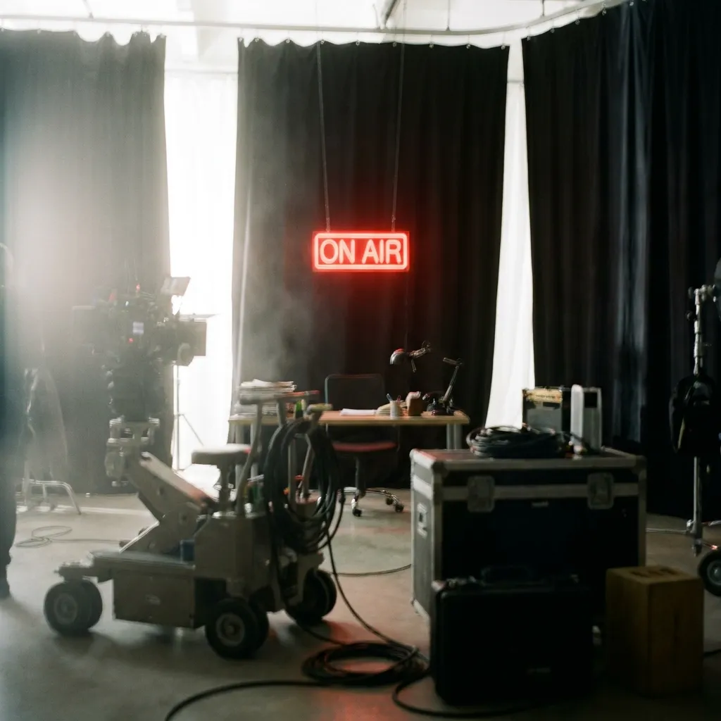 A blurred, atmospheric behind-the-scenes look at a film set with a glowing 'ON AIR' neon sign and heavy camera equipment