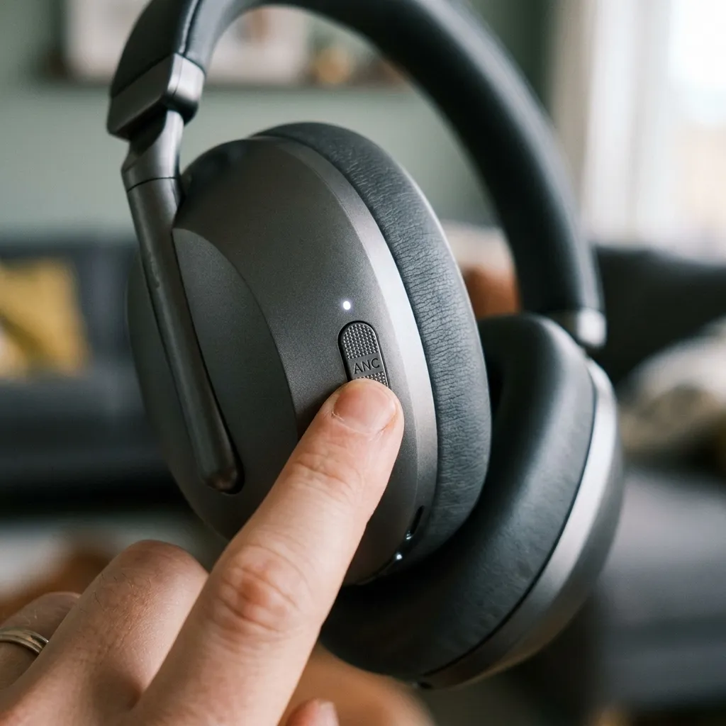 Close-up of a finger pressing the Active Noise Cancellation button on a sleek pair of wireless over-ear headphones