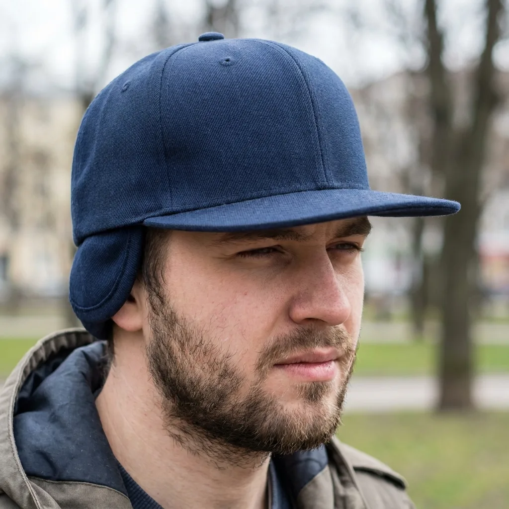 Profile portrait of a bearded man outdoors wearing a unique blue flat-billed baseball cap designed with side flaps covering his ears.