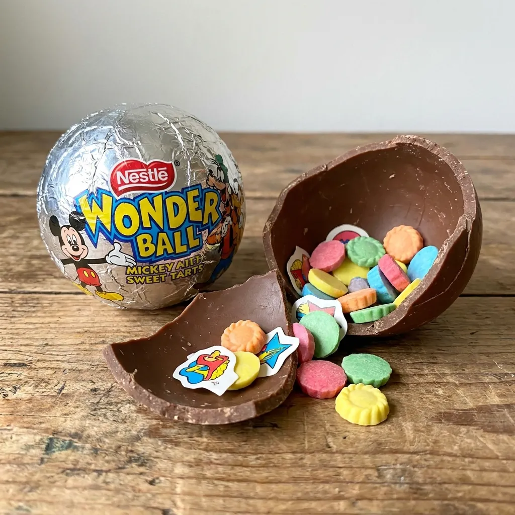 Opened Nestle Wonder Ball chocolate candy revealing colorful sweet tarts inside on a rustic wooden surface.