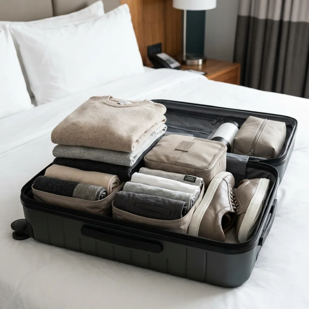 Open grey hard-shell suitcase neatly packed with clothing in beige packing cubes and casual shoes on a white hotel bed.