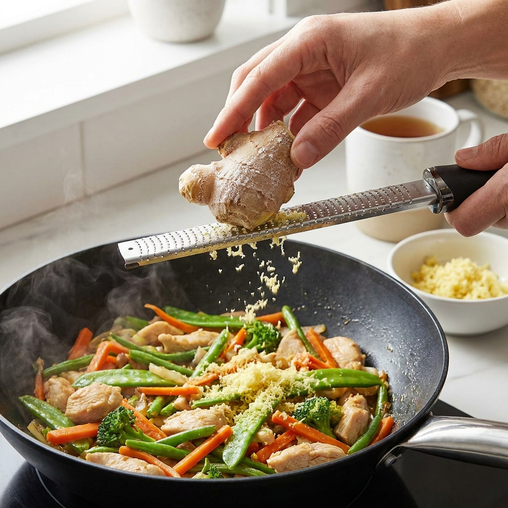 A hand using a microplane to grate a piece of ginger directly over a hot pan filled with a chicken and vegetable stir-fry.
