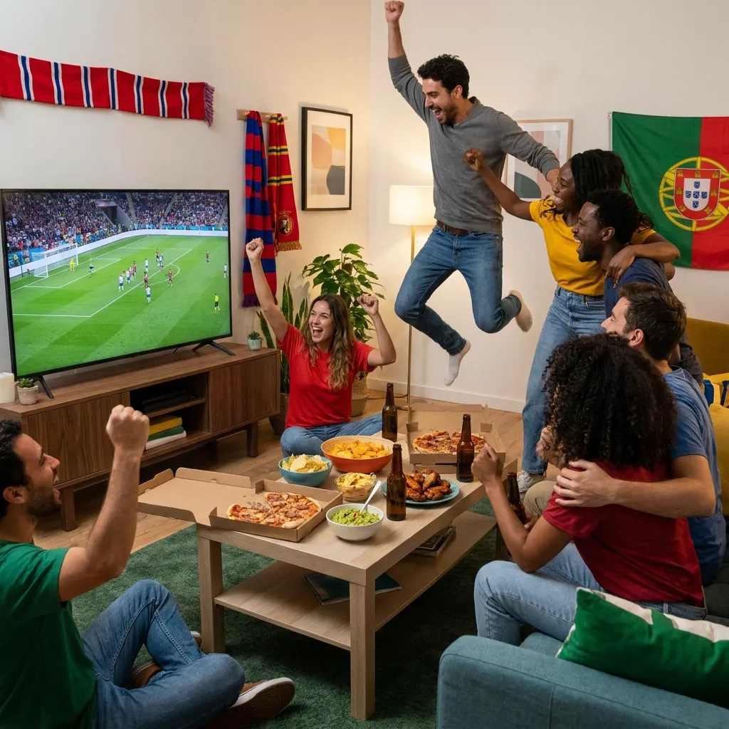 A diverse group of friends cheering enthusiastically while watching a soccer match on television in a living room decorated with a Portugal flag, with a coffee table full of game day snacks like pizza, chicken wings, and chips.