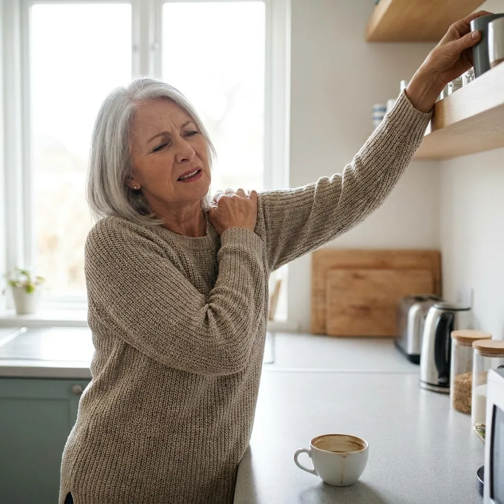 Older woman wincing from frozen shoulder pain while reaching for a cup on a kitchen shelf