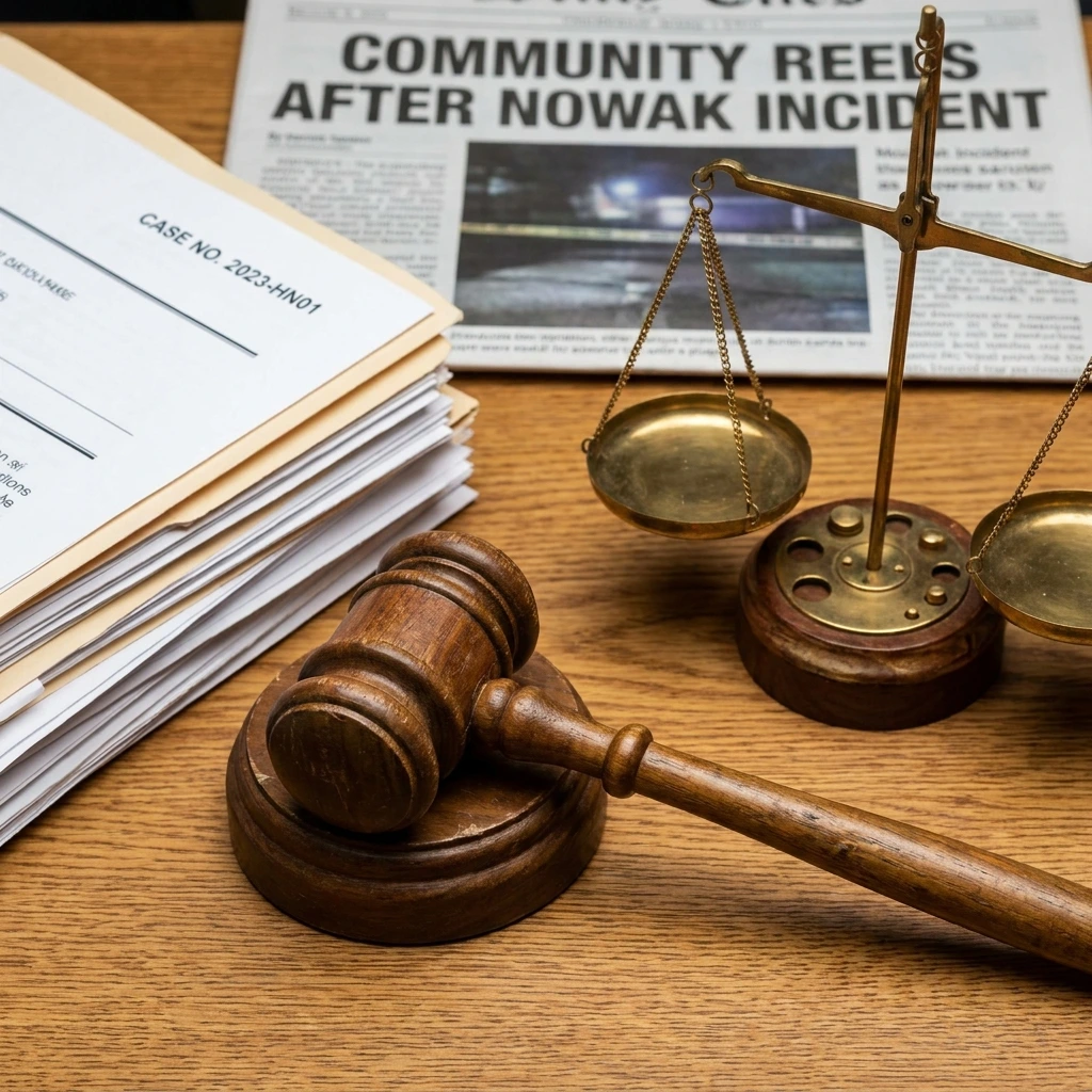Wooden gavel, brass scales of justice, and legal case files resting on a desk near a newspaper headline about the Nowak incident.