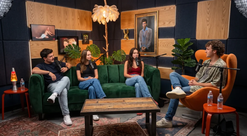 Four people participating in a podcast recording session on a green velvet couch, featuring studio lighting and microphones.