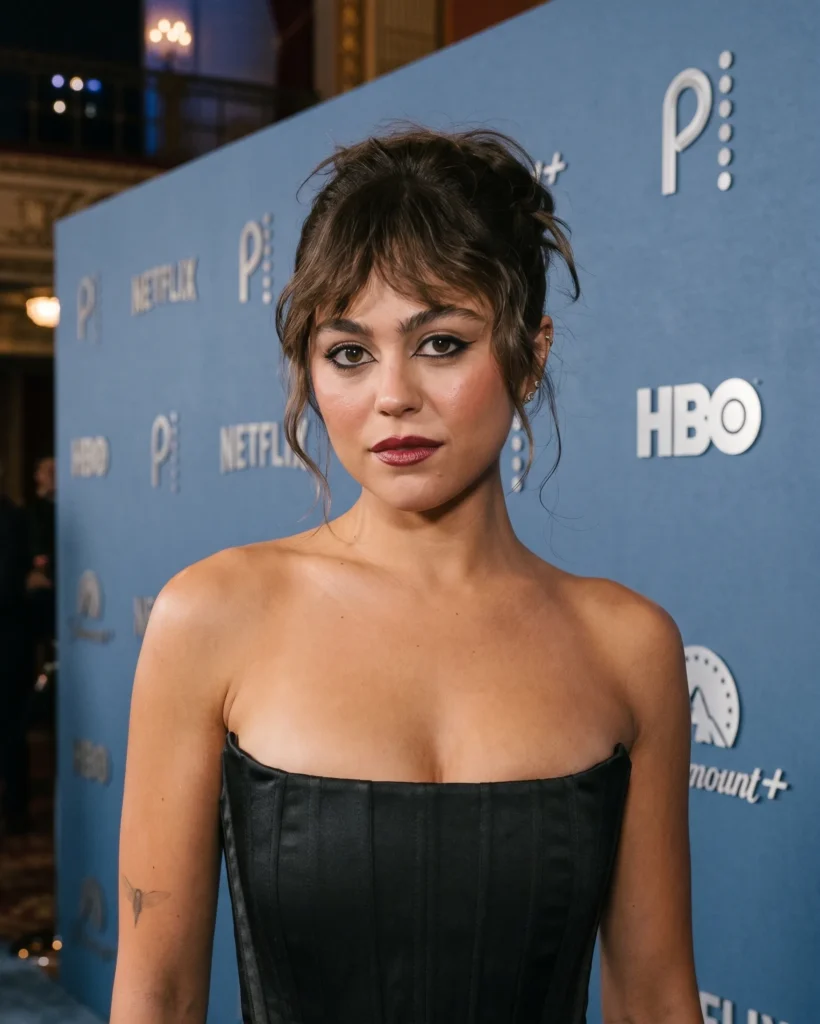 A young woman posing on a red carpet at an event featuring Netflix, HBO, and Paramount+ branding.