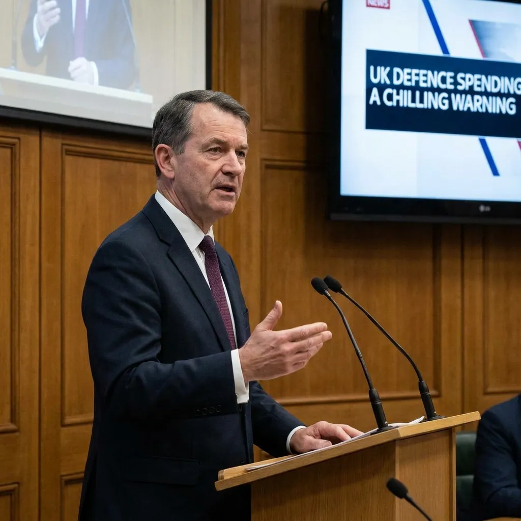 A man in a dark suit gesturing while speaking at a wooden podium, with a digital screen behind him displaying the text "UK DEFENCE SPENDING A CHILLING WARNING".