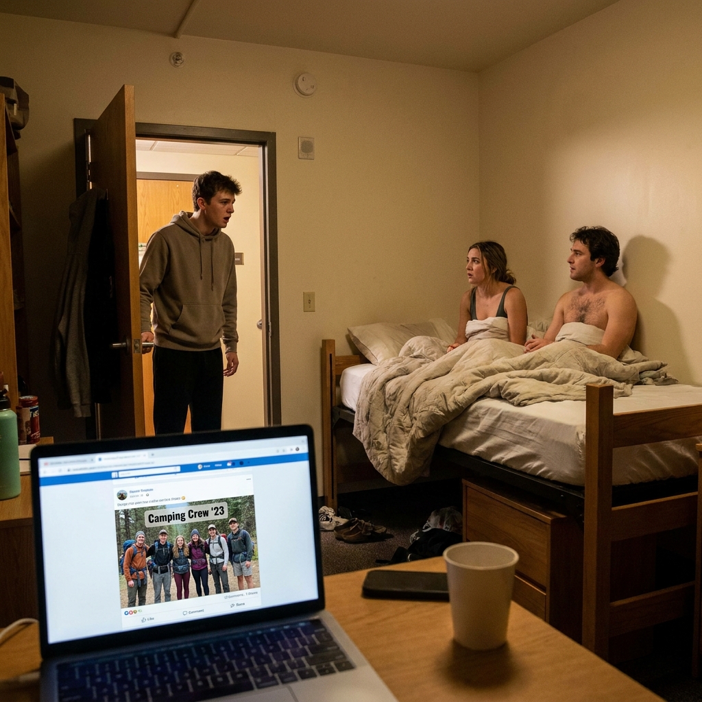 Shocked young man entering a dorm room and catching his girlfriend in bed with another man, framed by a laptop showing a camping trip post.