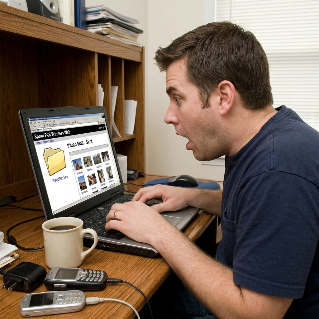Wide-eyed, shocked man staring at his laptop screen discovering a folder of sent photos.